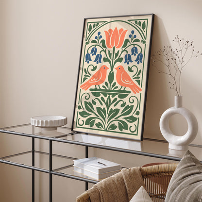 Two Spring Birds Folk Wall Art Print
