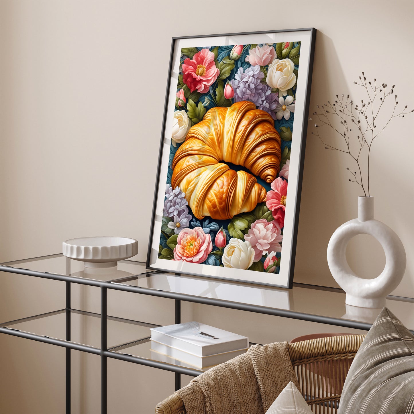 Croissant in Flowers Art Print Cafe Decor