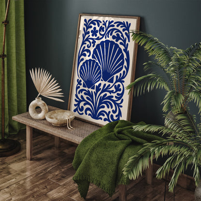 Blue Seashells Poster - Rococo Floral Ornament Wall Art
