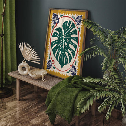 Mustard Yellow Monstera Leaf Boho Art Print