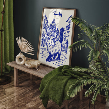 Sicily Blue Poster - Funny Cat Walking in Italy