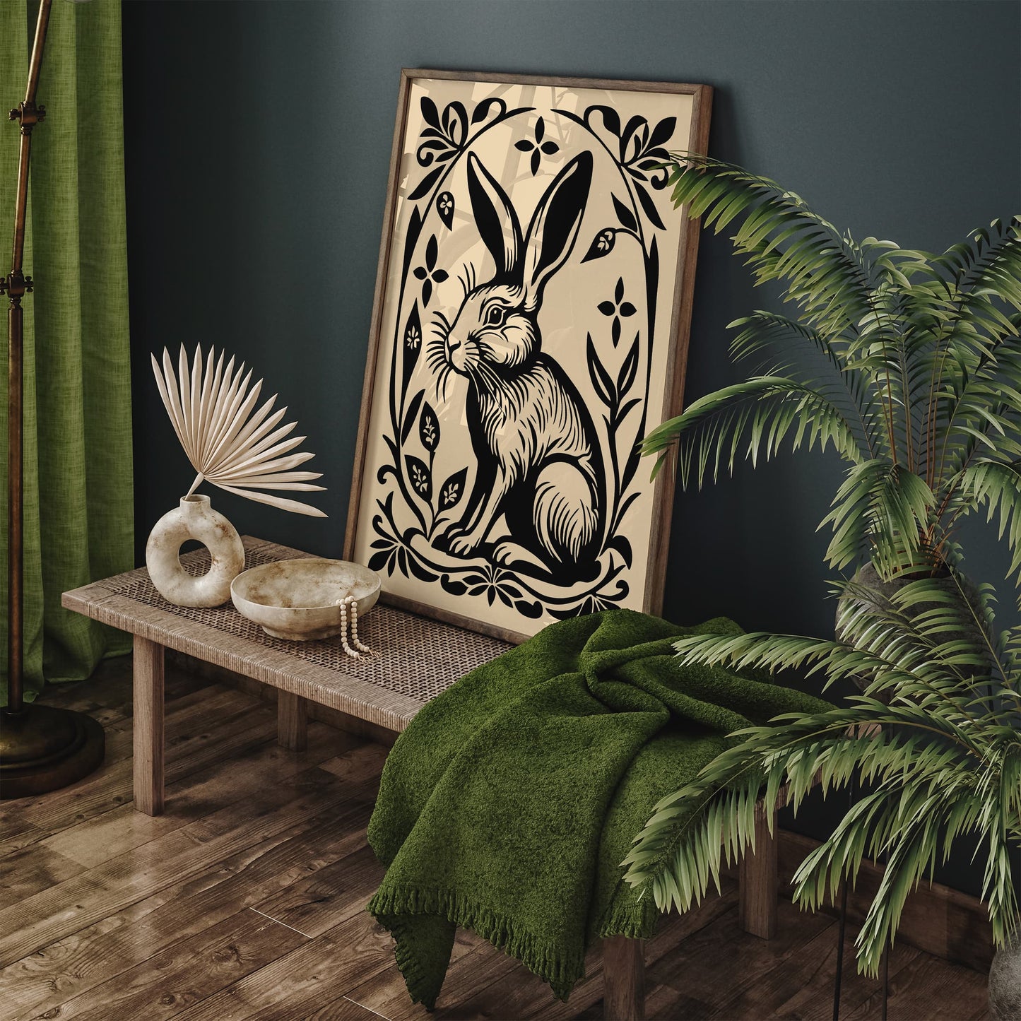 Black Rabbit Poster in Linocut Style