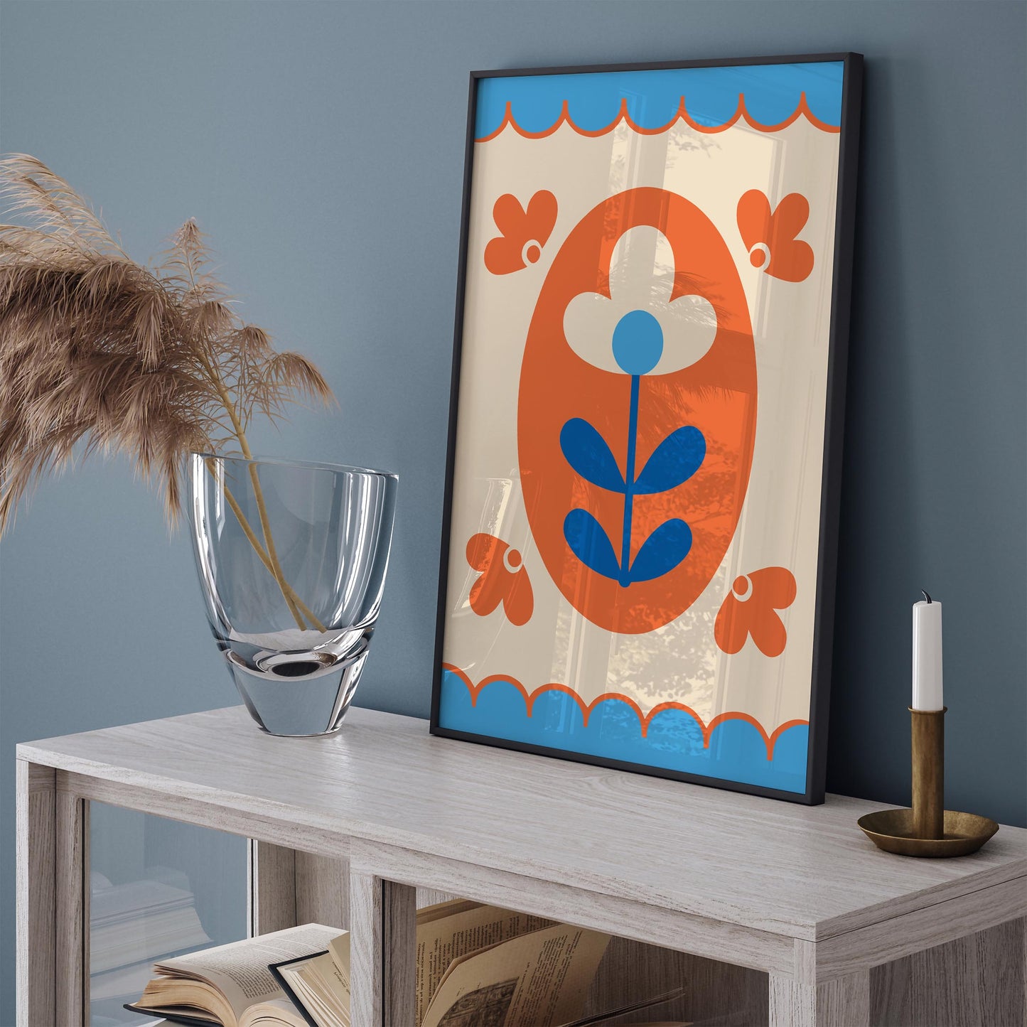 Folk Flower Poster - Blue and Orange Floral Print