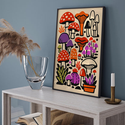 Colorful Eclectic Mushrooms Wall Art Print – Boho Botanical Fungi Poster