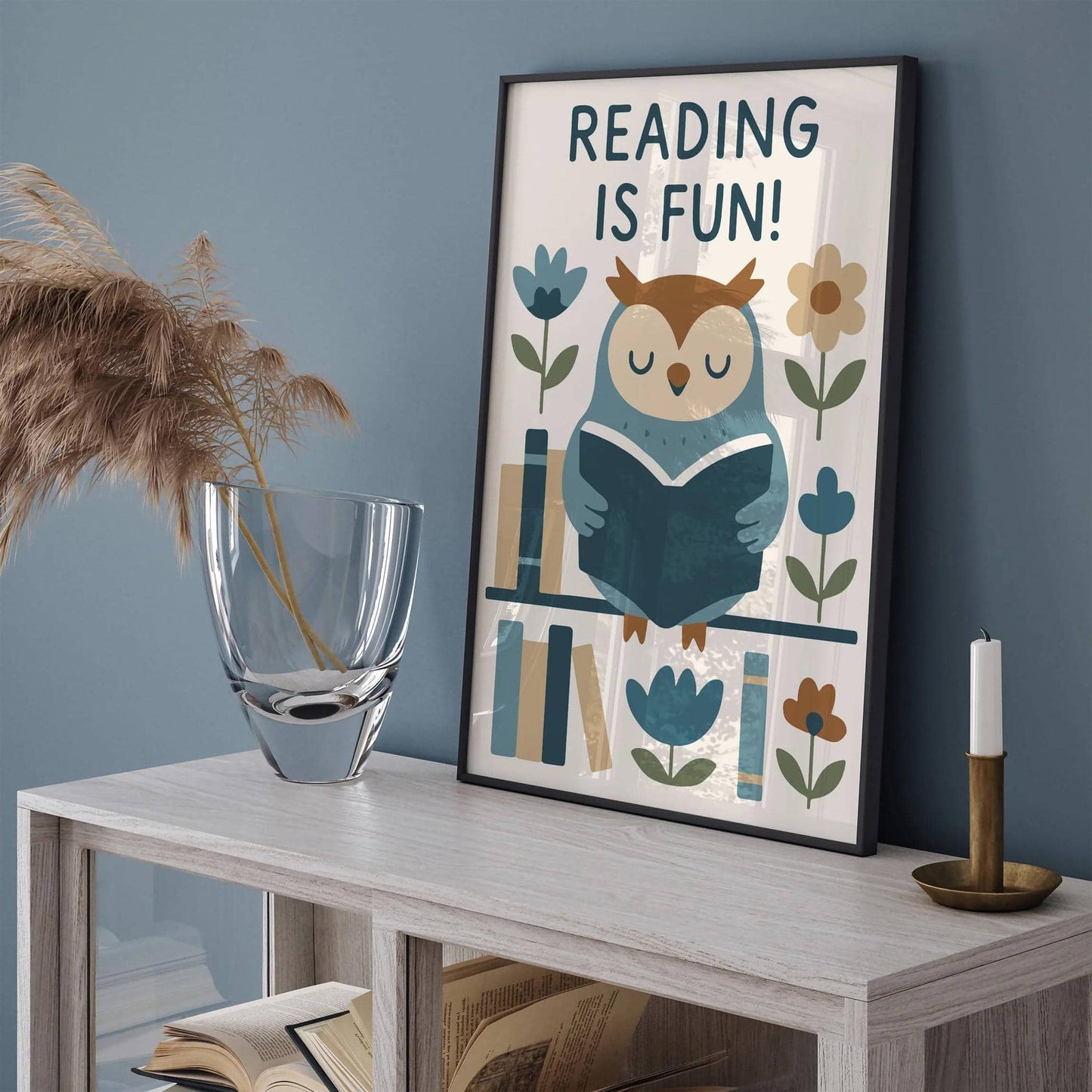 Reading is Fun! Poster - Blue Owl Art Print