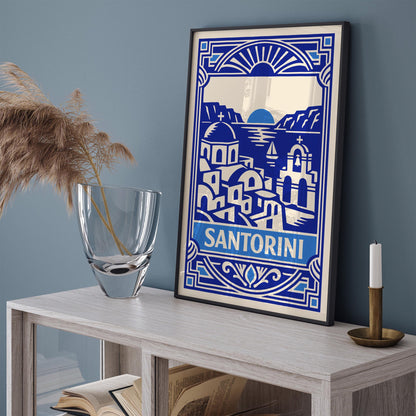 Blue Art Deco Santorini Wall Art Print – Greek Island Decor