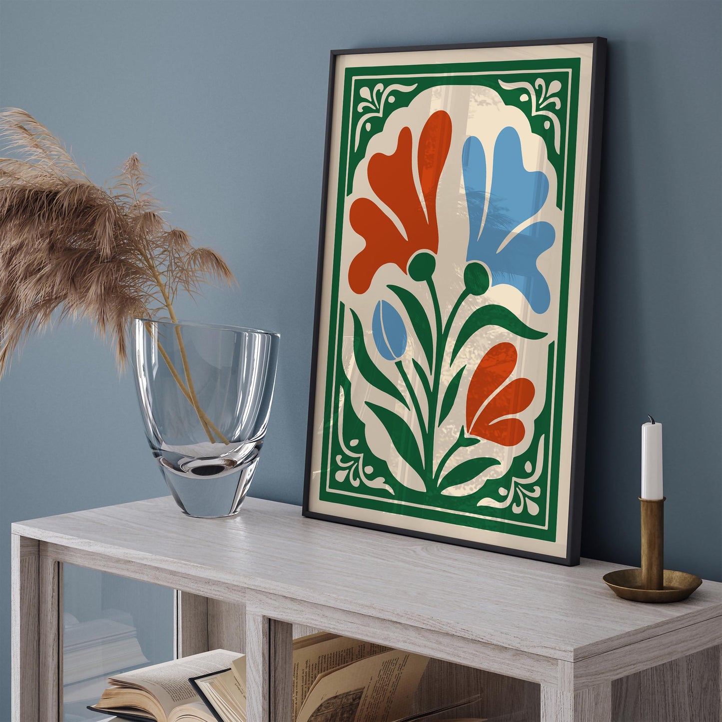 Blue and Red Floral Wall Art Print