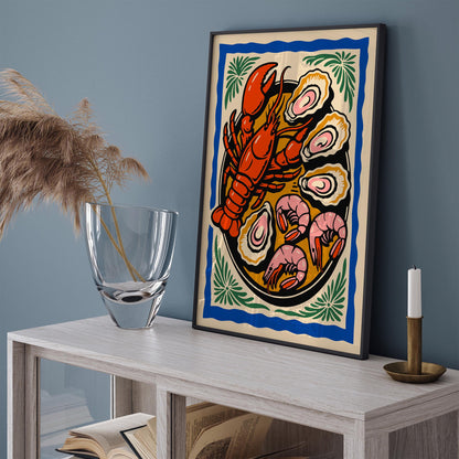 Colorful Retro Seafood Plate Poster - Seafood Lovers Gift