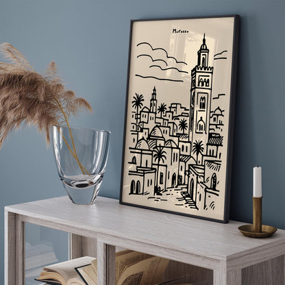 Morocco Travel Poster - Black Ink Style Wall Art