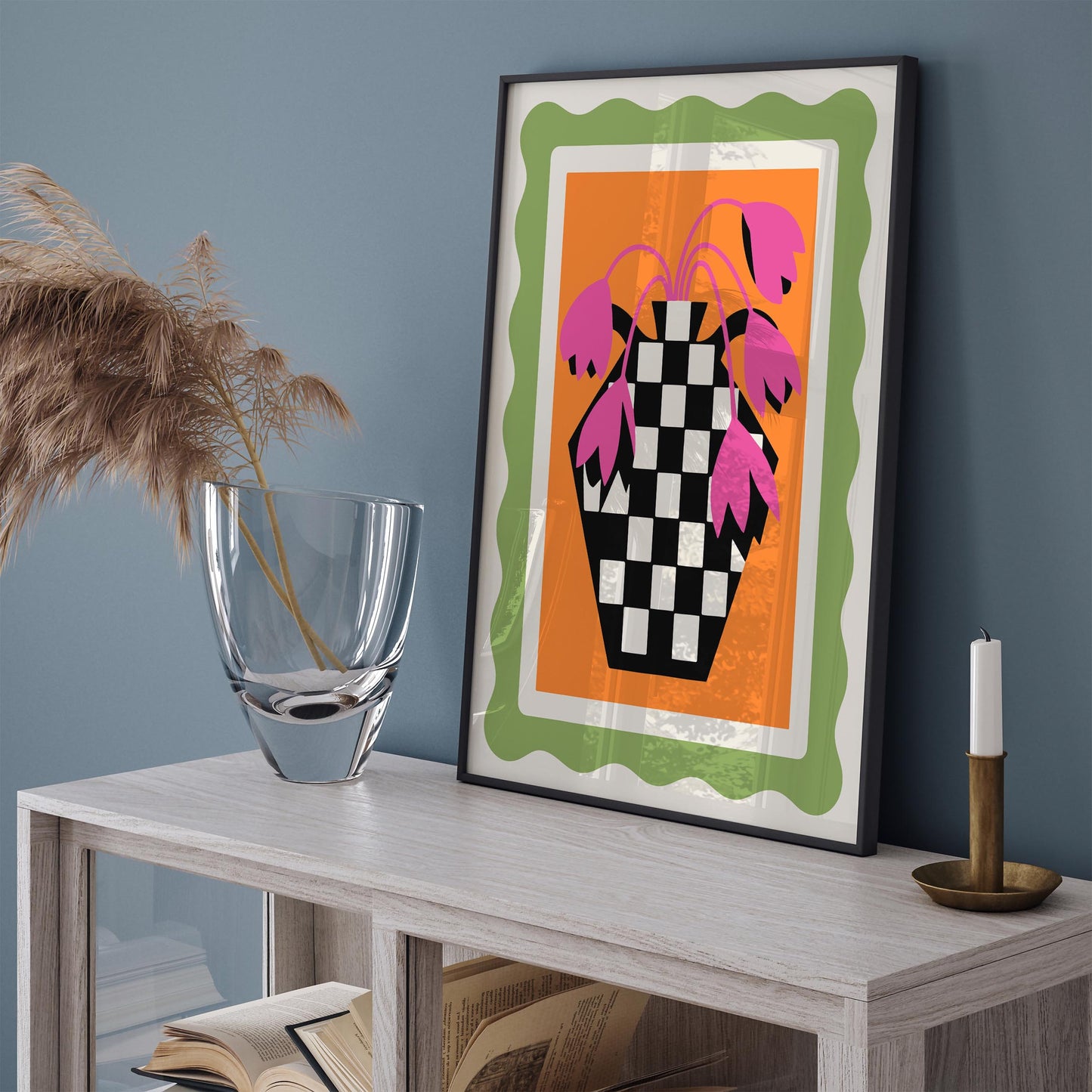Retro Tulips Poster - Pink Floral Checkerboard Wall Art