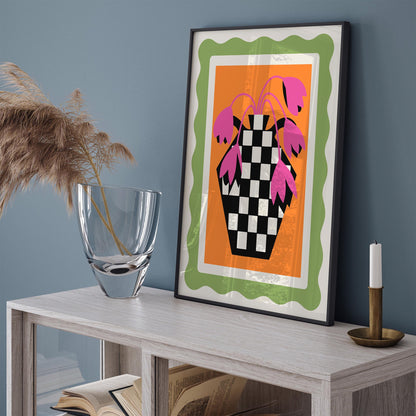 Retro Tulips Poster - Pink Floral Checkerboard Wall Art