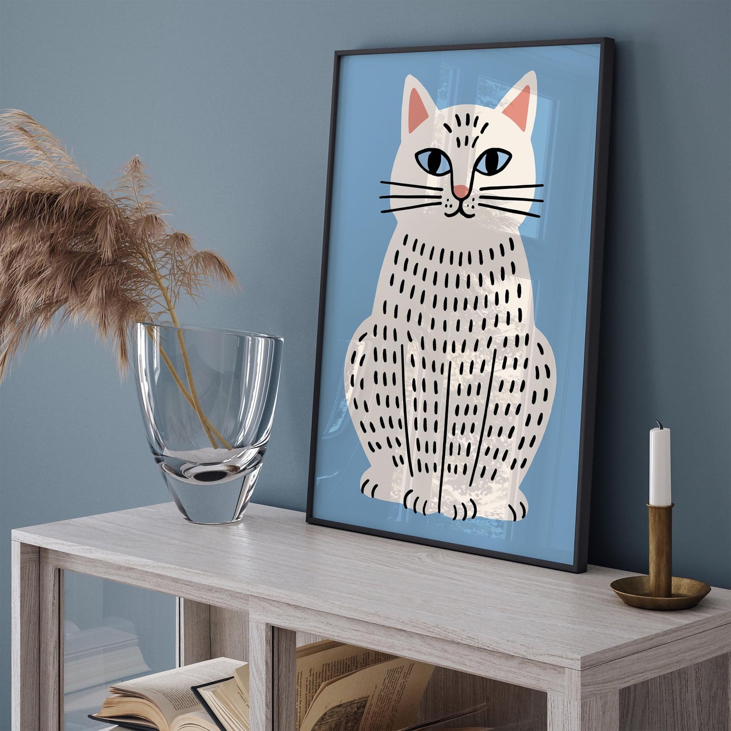 White Cat Poster - Chubby Kitty Wall Art Print