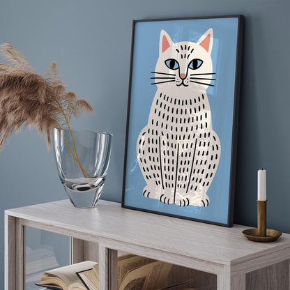 White Cat Poster - Chubby Kitty Wall Art Print