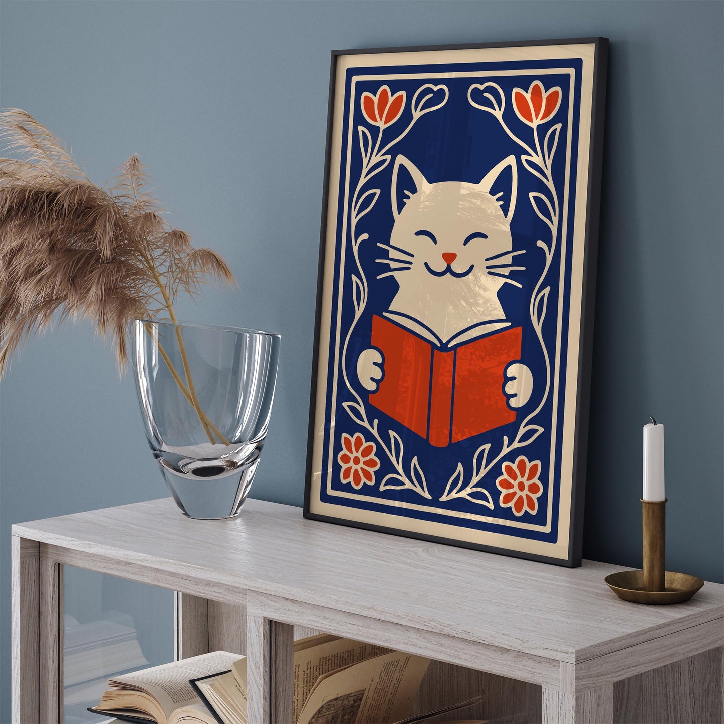 Cute White Cat with a Book Poster