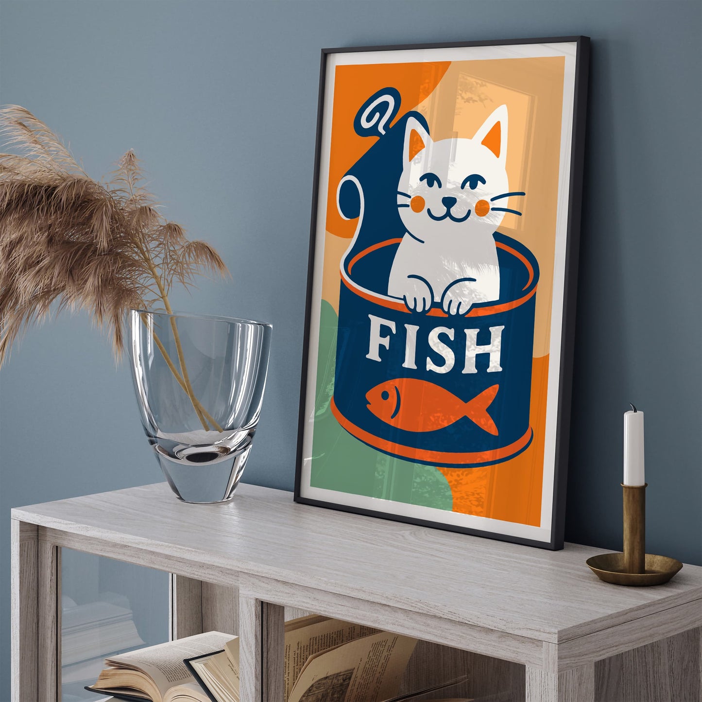 Funny White Cat and Canned Fish Poster
