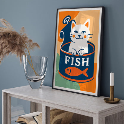 Funny White Cat and Canned Fish Poster