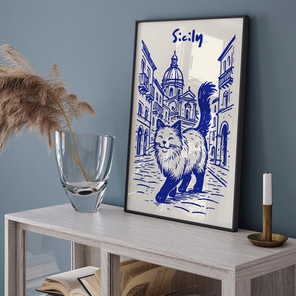 Sicily Blue Poster - Funny Cat Walking in Italy
