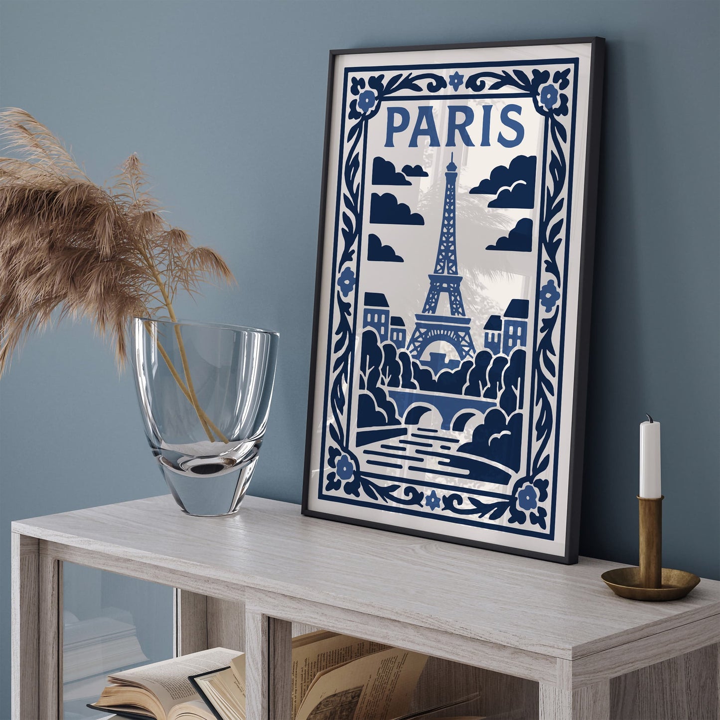 White and Blue Paris Eiffel Tower Poster