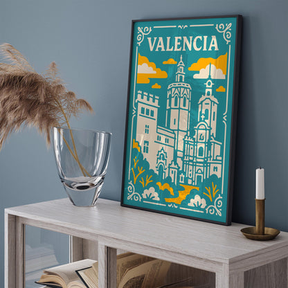 Valencia Spain Poster - Teal Yellow Cathedral Wall Art