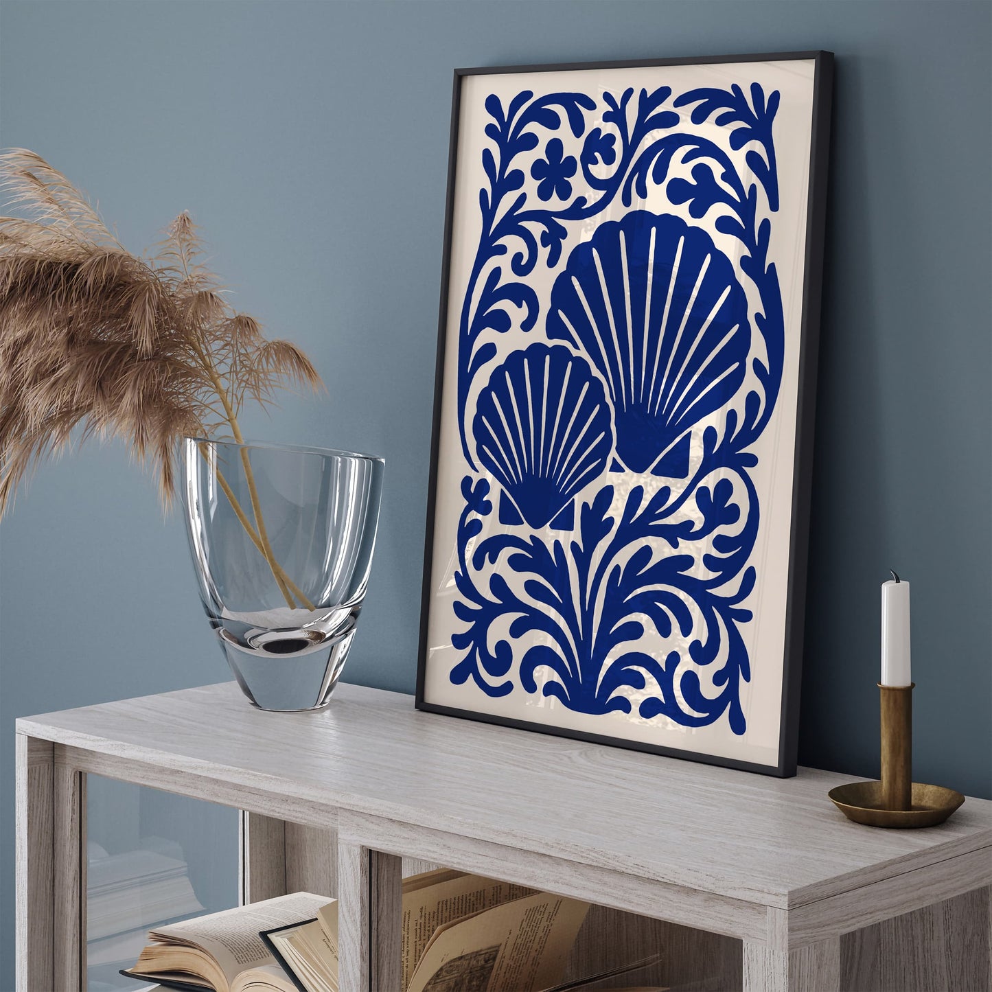 Blue Seashells Poster - Rococo Floral Ornament Wall Art