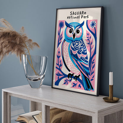 Saguaro National Park Pink Blue Owl Art Print