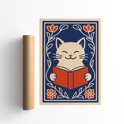 Cute White Cat with a Book Poster