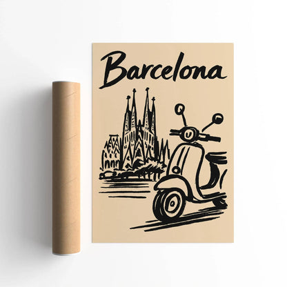 Barcelona Black Ink Style Travel Poster