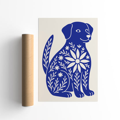 Cute Blue Dog with Floral Pattern Poster