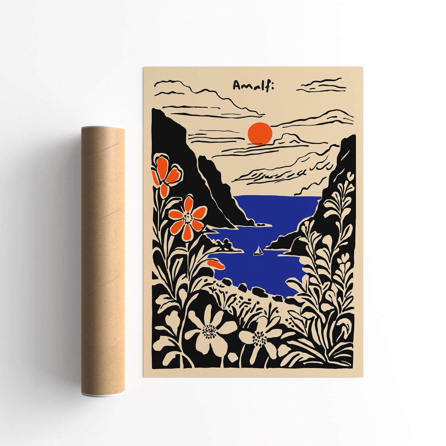 Amalfi Black Ink Style Landscape Art Print