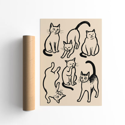 Six Funny Cats Poster - Black Ink Sketch Wall Art Print