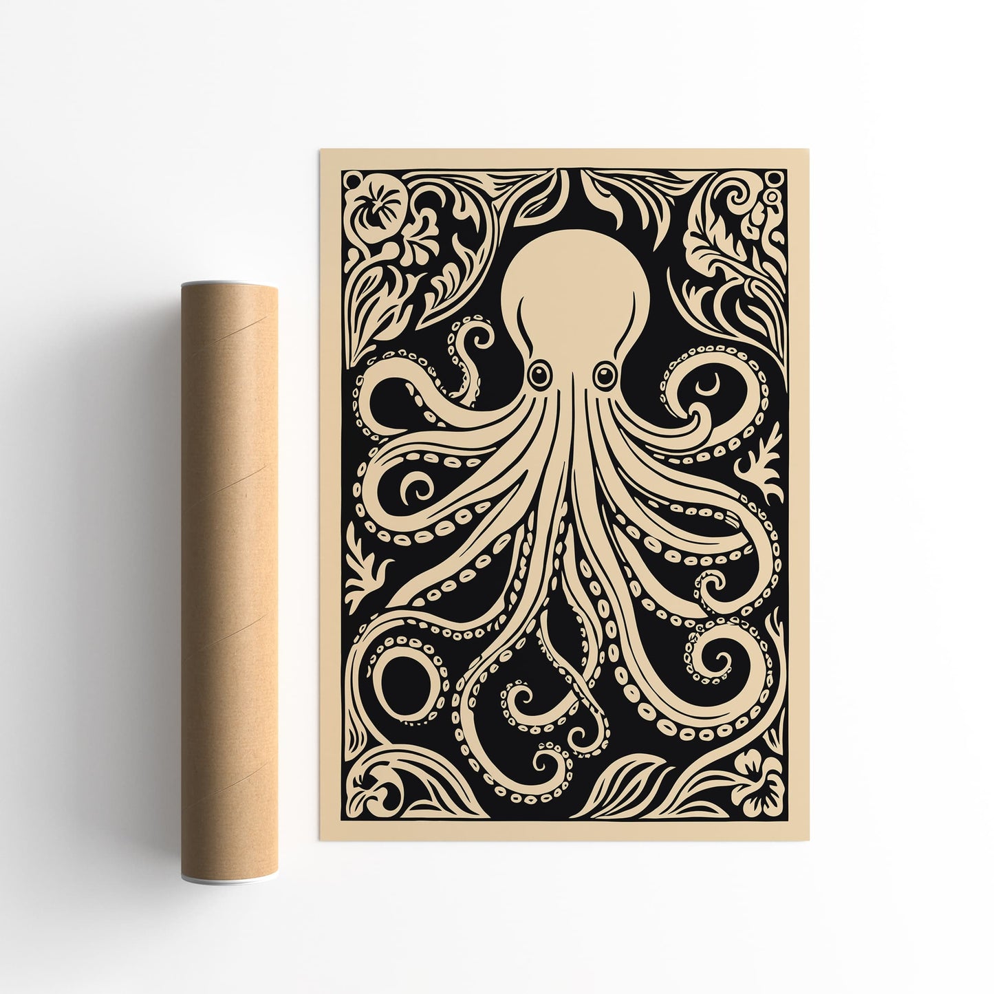 Octopus Rococo Style Black Animal Art Print