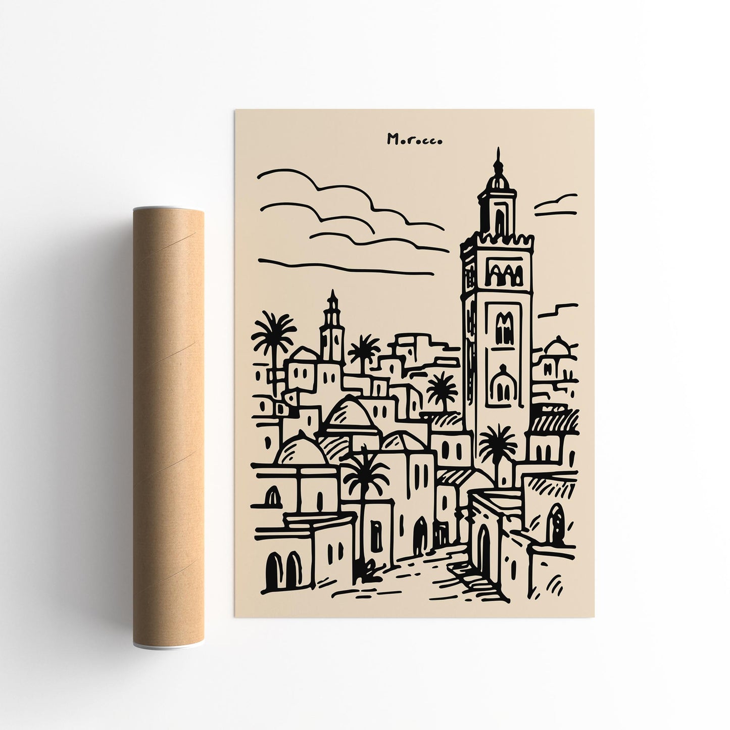 Morocco Travel Poster - Black Ink Style Wall Art