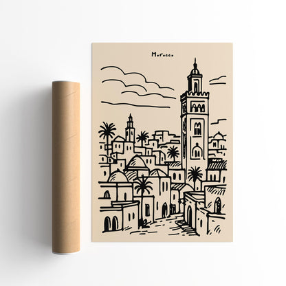 Morocco Travel Poster - Black Ink Style Wall Art