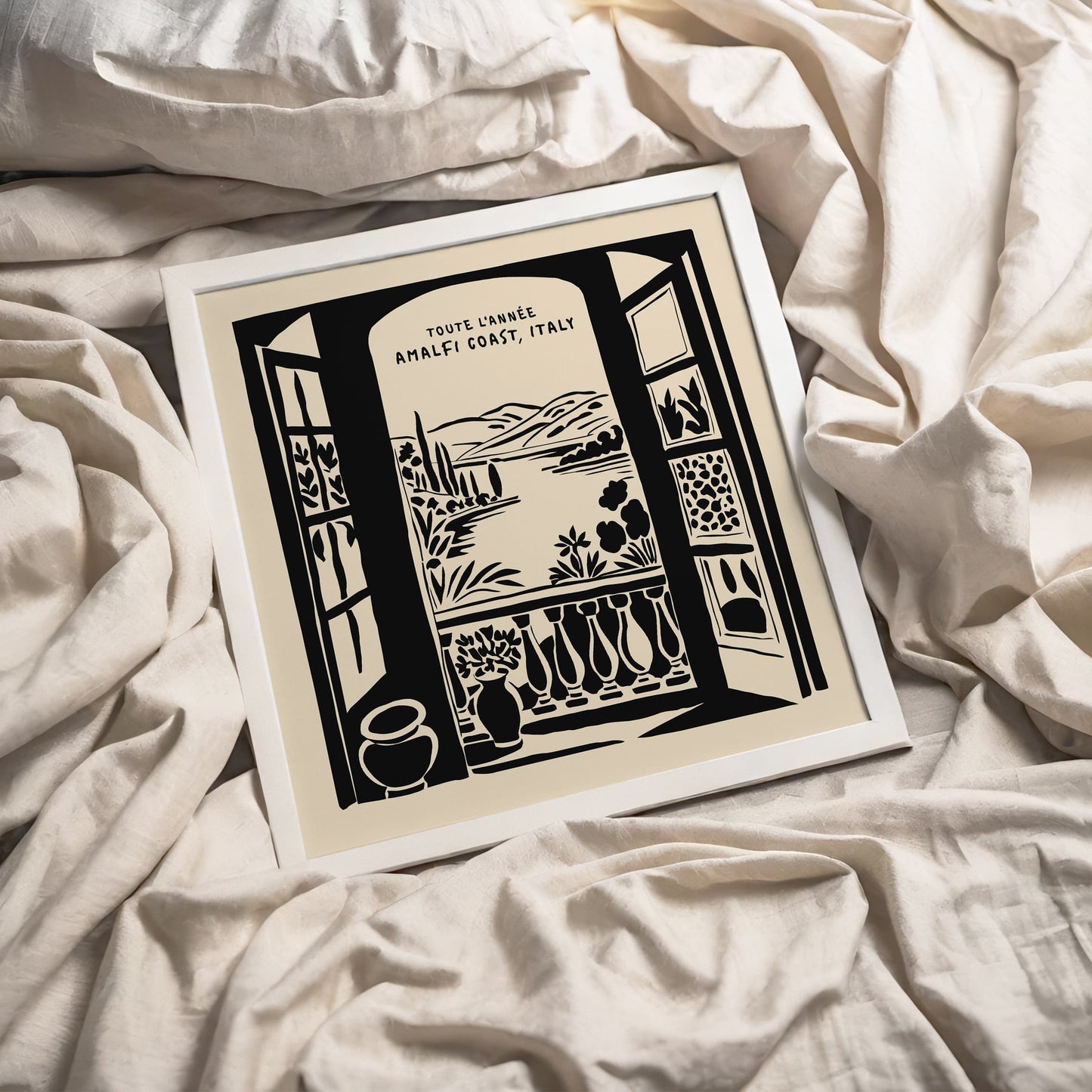 Amalfi Coast Black Ink Square Wall Art Print