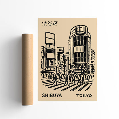 Shibuya Tokyo Black Ink Sketch Art Poster