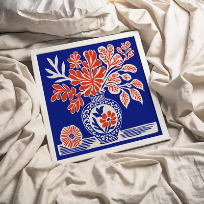 Blue Flowers Vase Poster - Square Floral Wall Art