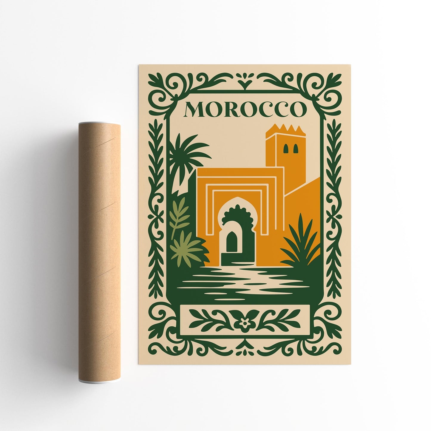 Morocco Travel Poster - Cityscape Green and Yellow Art Print