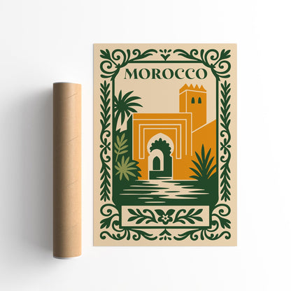 Morocco Travel Poster - Cityscape Green and Yellow Art Print