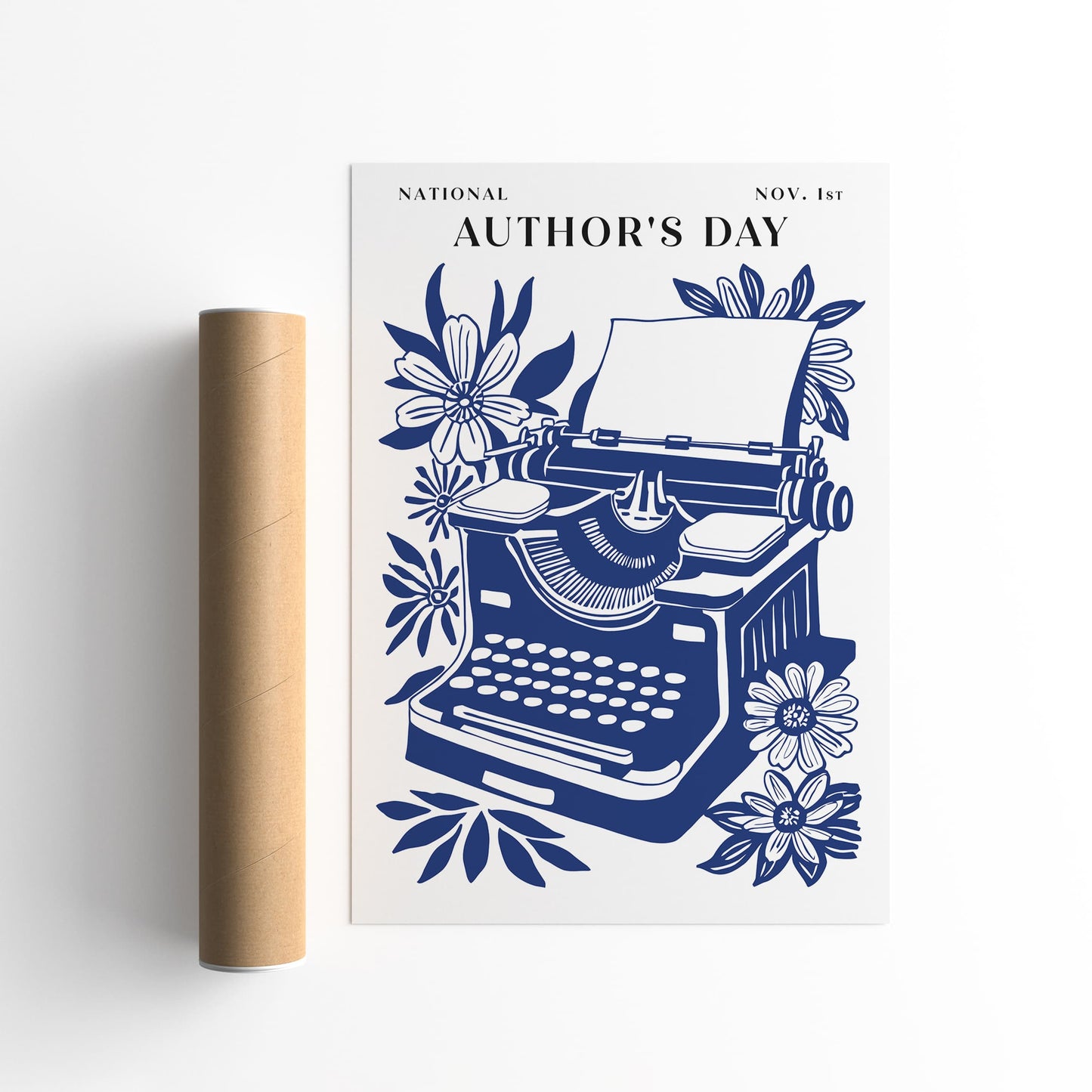 National Authors Day Typewriter Poster – Navy Blue Literary Wall Art Print