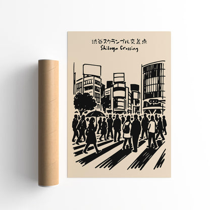 Shibuya Crossing Tokyo Black Ink Art Poster