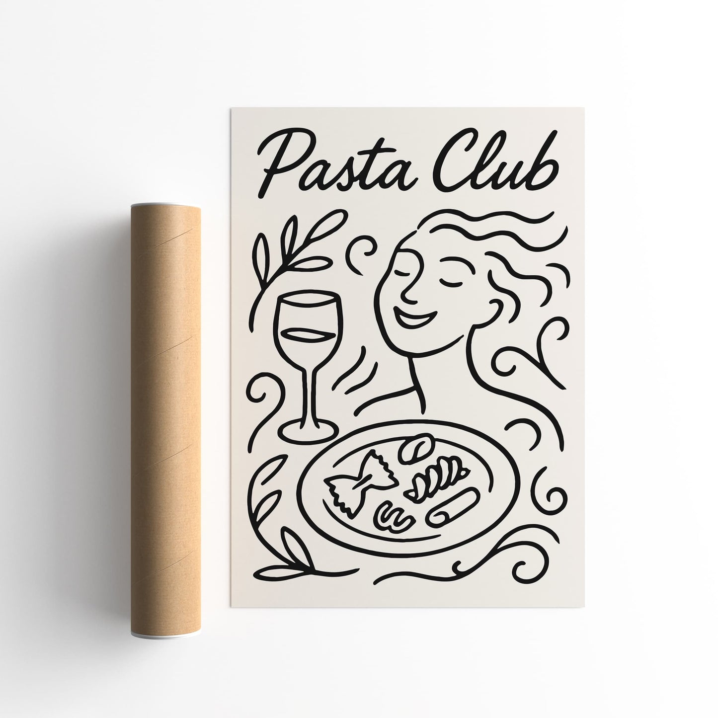 Pasta Club Poster - BW Line Art Italian Food Art Print