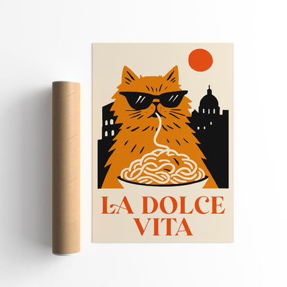 La Dolce Vita Poster - Funny Cat Eating Spaghetti Wall Art Print