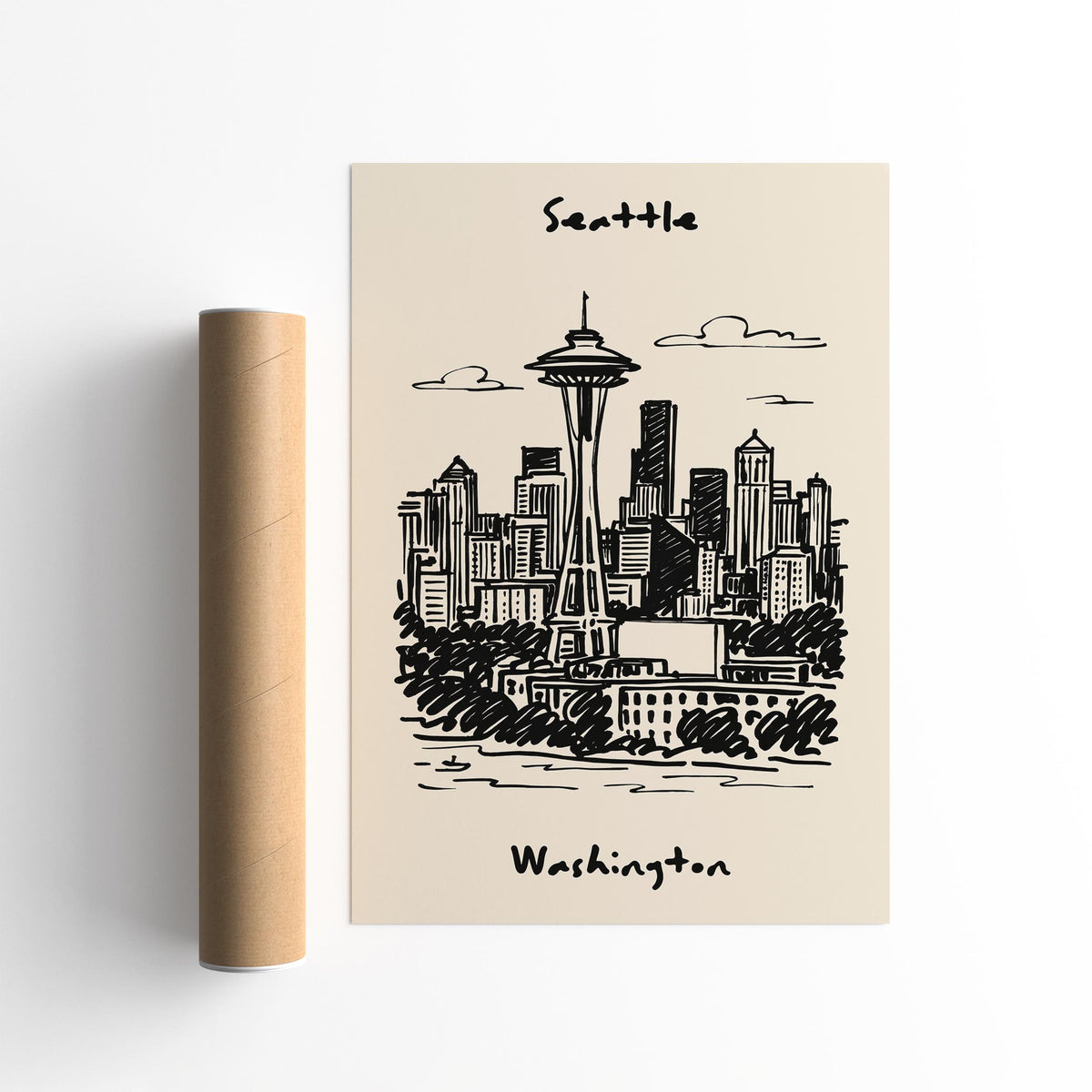Seattle Washington Black Ink Travel Poster