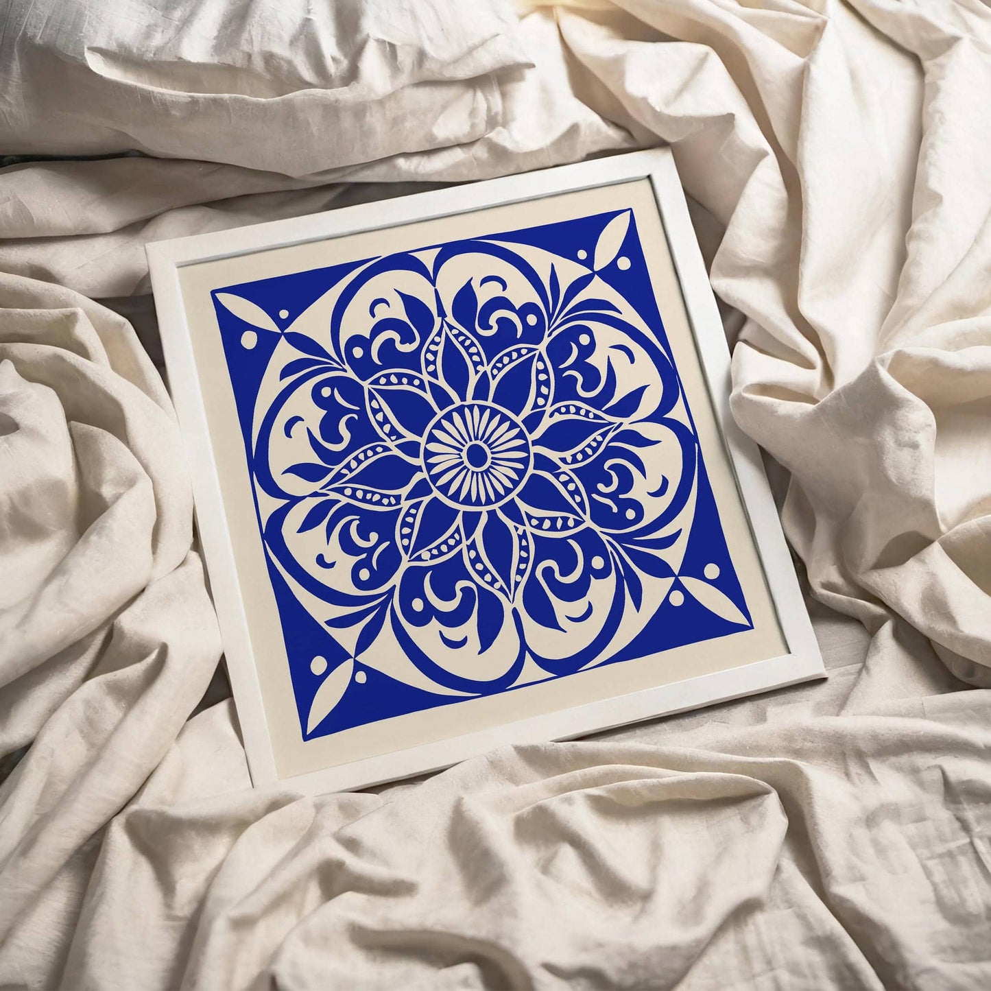 Mandala Flower Wall Art – Blue Boho Square Print