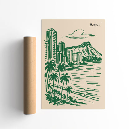 Hawaii Travel Poster - Handdrawn Style Wall Art