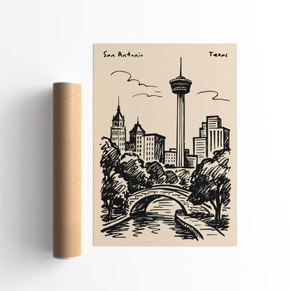 San Antonio Texas Black Ink Travel Poster