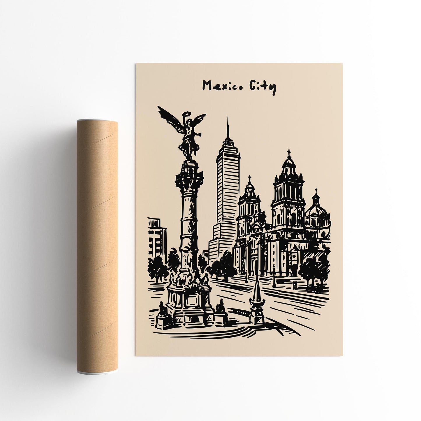 Mexico City Poster - Black Ink Sketch Art