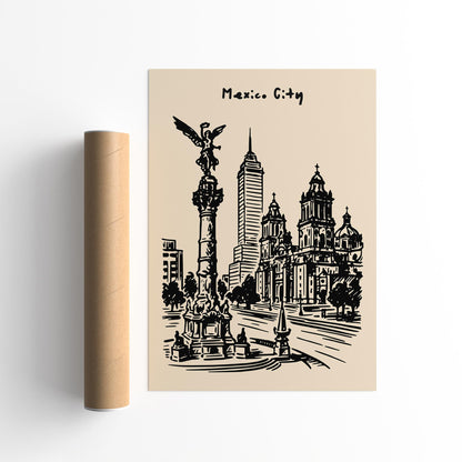 Mexico City Poster - Black Ink Sketch Art