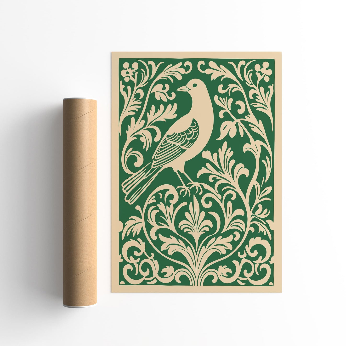 Green Rococo Bird in Floral Pattern Poster