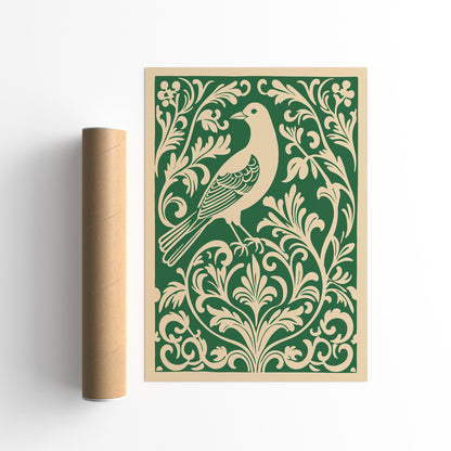 Green Rococo Bird in Floral Pattern Poster